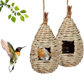 Pack of 2 Grass Bird Nest, Bird Nest Grass, Hand-Woven Bird House, Wear-Resistant Hanging Bird Nest, Hand-Woven Bird Hut Grass Bird Nest, for Budgies, Tits, Canaries, Blackbird (11.5 x 22 cm)