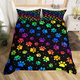 Dog Paw Print Duvet Cover Set Single Size,Rainbow Gradient Puppy Paw for Dog Lover Comforter Cover for Kids Boys Bedroom Gift,Funny Pets Animal Bedding Set with 1 Pillowcase, Polyester