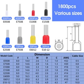 Wire End Ferrules Set 1800 Pieces, Wire End Ferrules Assortment 0.5-10 mm², Insulated Wire End Ferrules for Wire Connection, Wire End Ferrules Set Made of Tin-Plated Brass Inserts
