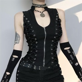 Inpunktoo Punk Rock Tank Tops Y2k Goth Hippie Sleeveless Emo Grunge Harajuku Steampunk Rave Cute Gothic Western Going Out Summer Casual Date Night Lace-up Zipper Tanks Top for Women, Black