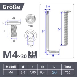 Dayalo Pack of 30 M4 x 30 mm Flat Head Screws Torx Screws Stainless Steel A2 V2A Threaded Screws Fully Threaded with Torx Key