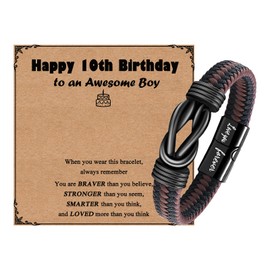 ilasif Infinity Bracelet for Boys, Brown Braided Leather Stainless Steel Engraved with Love You Forever Jewelry 7.5 Inches, Birthday Gift for Boyfriend Son Grandson Age 10/13/16/18 (10th Birthday)