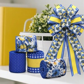 Craflox 4 Rolls Lemon Wired Edge Ribbon - 2.5 Inch Wide, 20 Yards Total, Summer Yellow Lemon Print Wired Edge Set, Fashionable Grosgrain Craft Ribbon for Gift Wrapping, Hair Bundles, Party Decorations