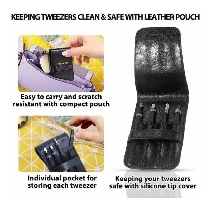 Terresa Pinza Para Depilar Set 4 Piezas Acero Inoxidable Profesional