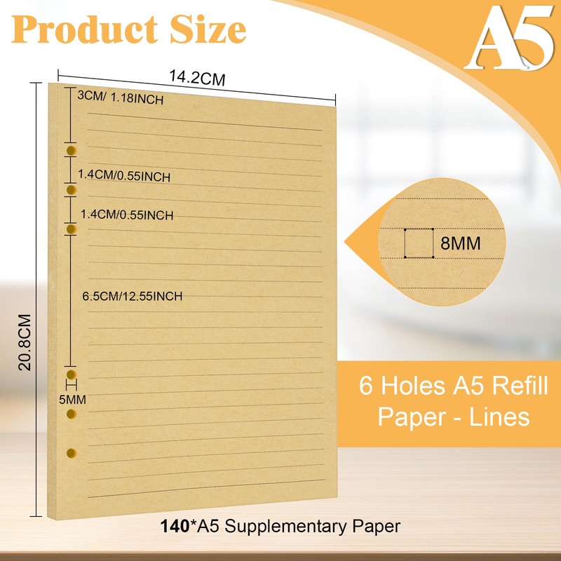 Vicloon A5 Loose Leaf Punched Paper, 140 Pages Horizontal Line