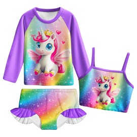 LQSZ Girls 3 Piece Long Sleeve Swimsuit Rash Guard Sets Unicorn UPF 50+ Cover Up Skirts Kids Bathing Suit Beach Cute Swimwear