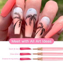 Komall Metallic Nail Art Brushes, 5Pcs Liner Brush Set, UV Gel Polish Painting Art Design Pen for Long Lines, Thin Details, Fine Drawing Sizes 4/8/12/20/25mm(Pink)