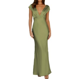 Halfisland Womens Summer Satin V Neck Cap Sleeve Backless Maxi Dress Elegant Twist Cut Out Midi Dresses Wedding Guest Olive
