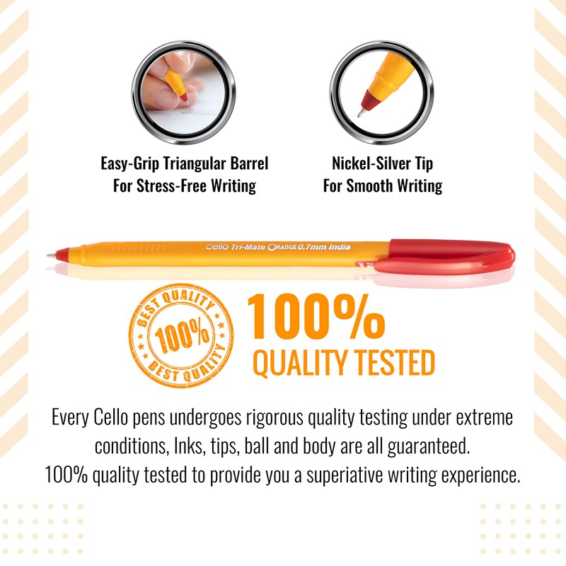 Cello Tri-Mate Orange Ballpoint Pens Medium Point Biro (Red, Pack