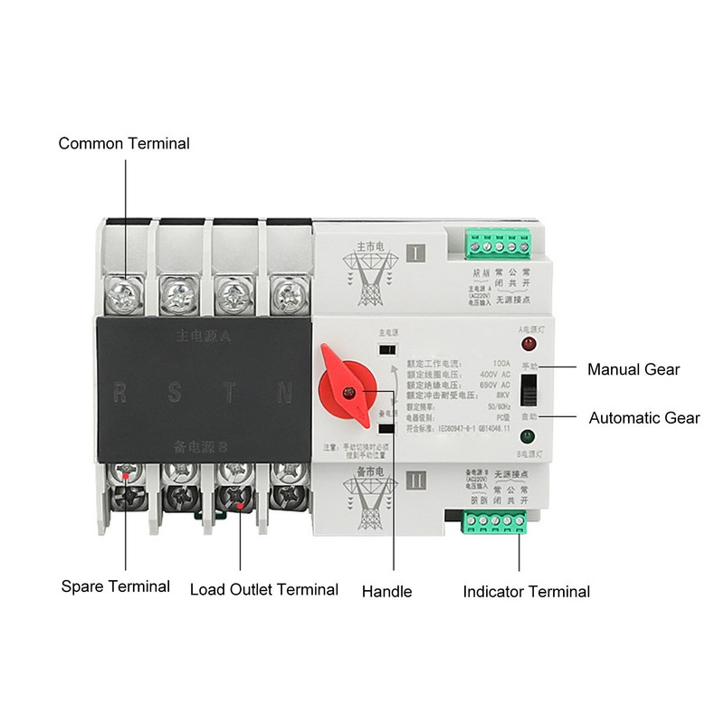 Dual Power Automatic Transfer Switch 4P Fast Switching AC400V 100A