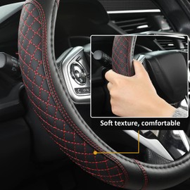GIANT PANDA PU Leather Steering Wheel Cover, Compatible with Fiat Round Steering Wheels, Diamond Quilted Black + Red