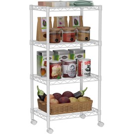 Golpart Small 4 Tier Shelves Storage Wire Shelving Unit Metal Shelf Adjustable Organizers Storage Shelving with Wheels for Bathroom Laundry Room Kitchen Pantry12”D x 18”W x 44.8”H White