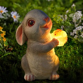 WONDHOME Solar Bunny Garden Statues Outdoor Bunny Decor Resin Rabbit Figurine Holding Mushroom with LED Lights for Porch Patio Lawn Yard Housewarming Gardening Gifts for Mom Grandma