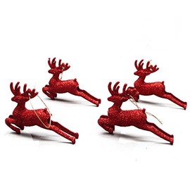 4 Small Red Festive Christmas Sparkling Glitter Reindeer Decorations