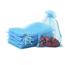 100pk Lake Blue Organza Gift Bags,9x12cm Small Organza Favor Bags,Wedding Jewelry Pouches with Drawstring,Mesh Candy Favour Bag Party Sweet Bags for Birthday,Wedding,Christmas,Gift Wrapping