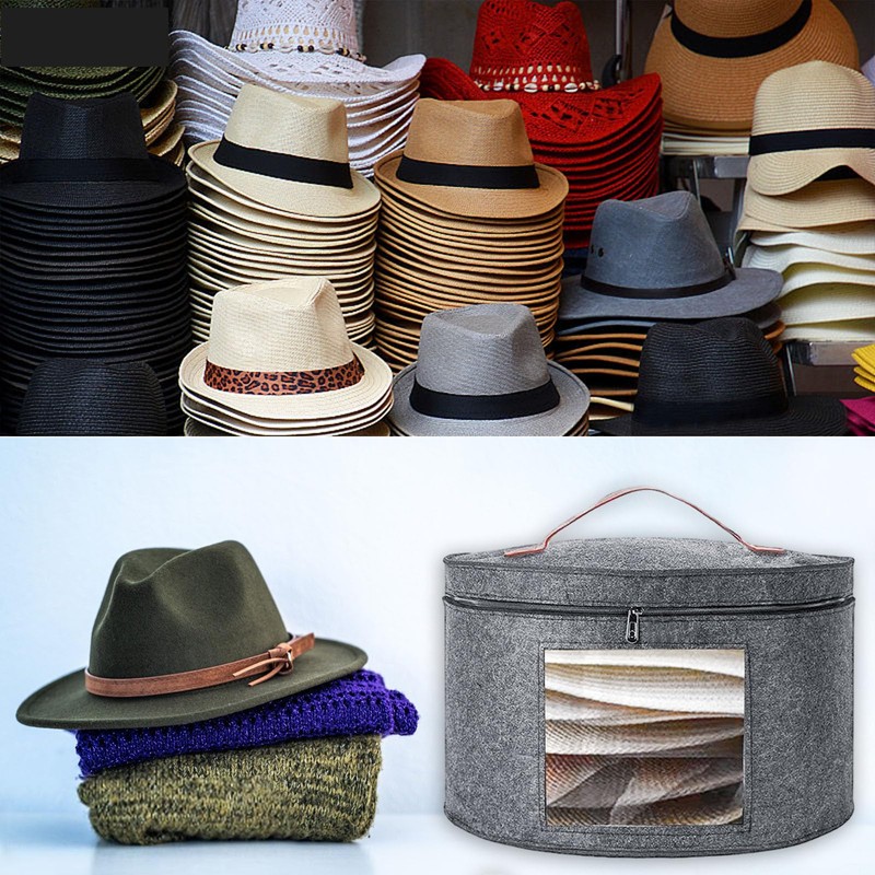 Rierousy Hat Box Round Grey Foldable Hat Storage Boxes Fabric