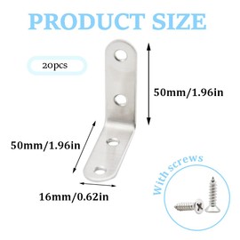 CEEYSEE 20pcs L Brackets 50×50mm Stainless Steel 90 Degree Shaped Angle Corner Bracket with 80 Stainless Screws for Fixing Wood Furniture Tables Chairs Door Window Bookshelves etc(U50)