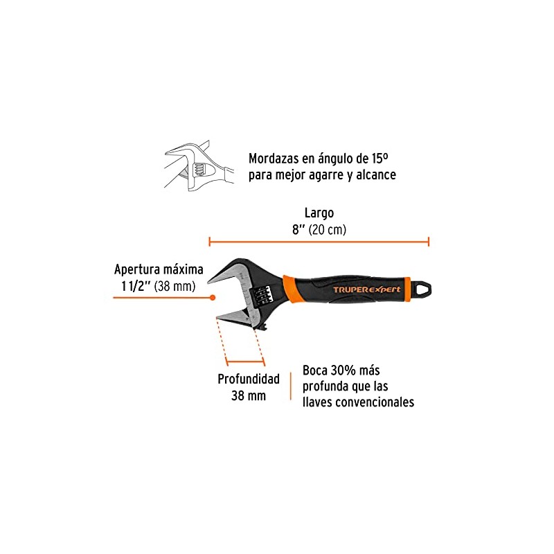 Truper Expert PET-8XA Llave ajustable (perico) 8" boca ancha Comfort
