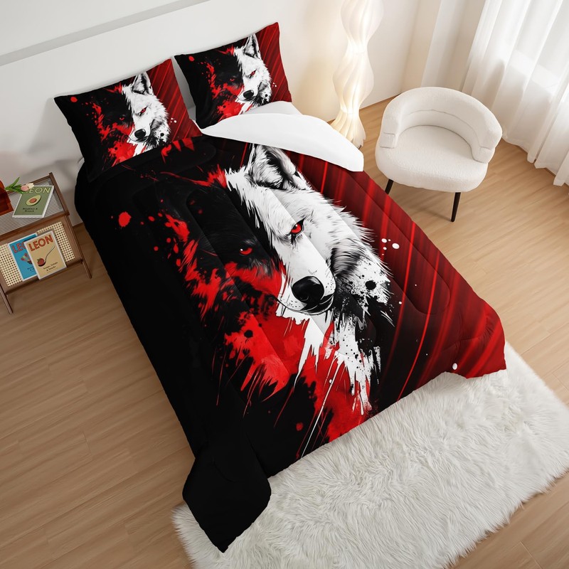 HOSIMA Wolf Queen Comforter for Kids,Animal Bedding with 2 Pillowcases.