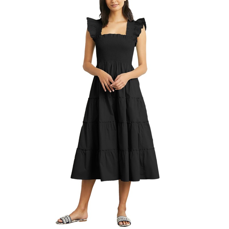 Rooscier Women's Square Neck Smocked Ruffle Sleeveless Tiered A Line