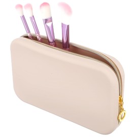 Aphumedc Portable Travel Makeup Bag, Soft Silicone Waterproof Toiletry Cosmetic Bag with Zipper Closure, Washable Makeup Brush Holder Pouch for Women Daily, Travel, Work (Khaki)