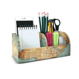 QIELIZI PU Leather Supply Organizer,Remote Control Holder Multifunctional Office Stationery Storage Box Organizer,Pencil Holders Organizers Table Top Desktop Desk Accessories(1-Vintage Map)