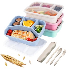 NAJIESUN Snack Box, 4-Pack Lunch Box with Spoon Fork, 5 Compartments, BPA Free, Reusable Lunch Box, Designed for Portion Control, School and Eating Out. Compact, Stackable, Four Colors
