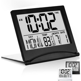 Digital Travel Alarm Clock - Foldable Calendar Temperature Timer LCD Clock with Snooze Mode - Large Number Display, Battery Operated - Compact Desk Clock(Sier, No Backlight) - Color: black