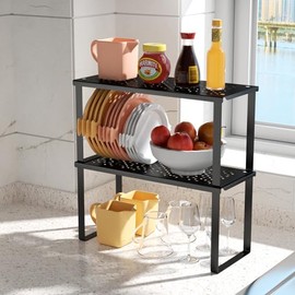 Maxentico Set of 2 Kitchen Organisers, Kitchen Shelf Worktop, Shelf Insert for Kitchen Cabinet, Cabinet Insert Shelf, Kitchen Organiser for Counter and Cabinet, Stackable Spice Rack with Metal Frame