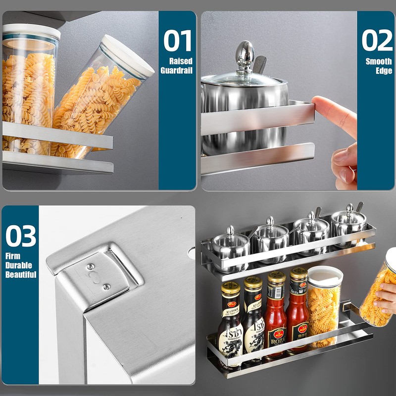 CONRUSER Wall Mounted Spice Rack, Stainless Steel Kitchen Organizer Shelves