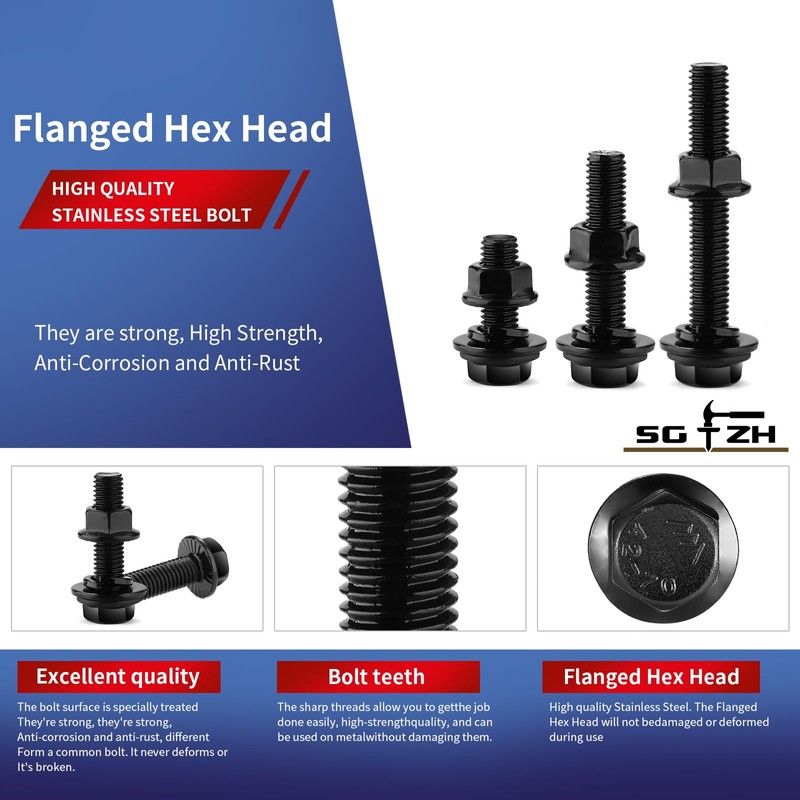 M6 x 10mm Flanged Hex Head Bolts, Nuts, Flat &