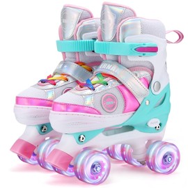 Kids Roller Skates for Girls Todders Kids Beginner, 4 Size Adjustable Roller Skates with Light Up Wheels for Indoor Outdoor Skating (Colorful Pink, Medium(2-5))