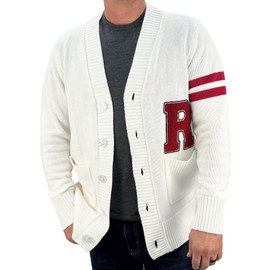 Hip Hop 50's Shop - Mens 1950s White R Letterman Cardigan Sweater (Large, White R)