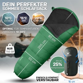 NORDBÄR Sleeping Bag 3 Seasons & Summer Ultralight [750 g / 1500 g] Camping Mummy Sleeping Bag Small Pack Size [100 GSM/300 GMS] Outdoor Travel Hut Sleeping Bag Summer Sleeping Bag