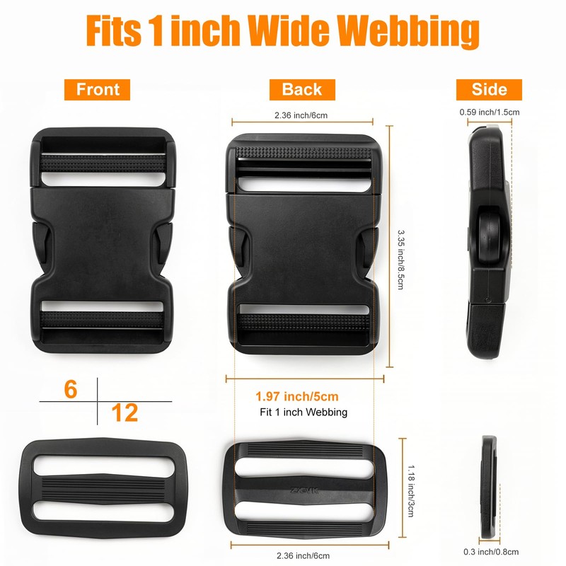 4 Pack 2 Inch Side Release Buckles with 8 Tri-Glide
