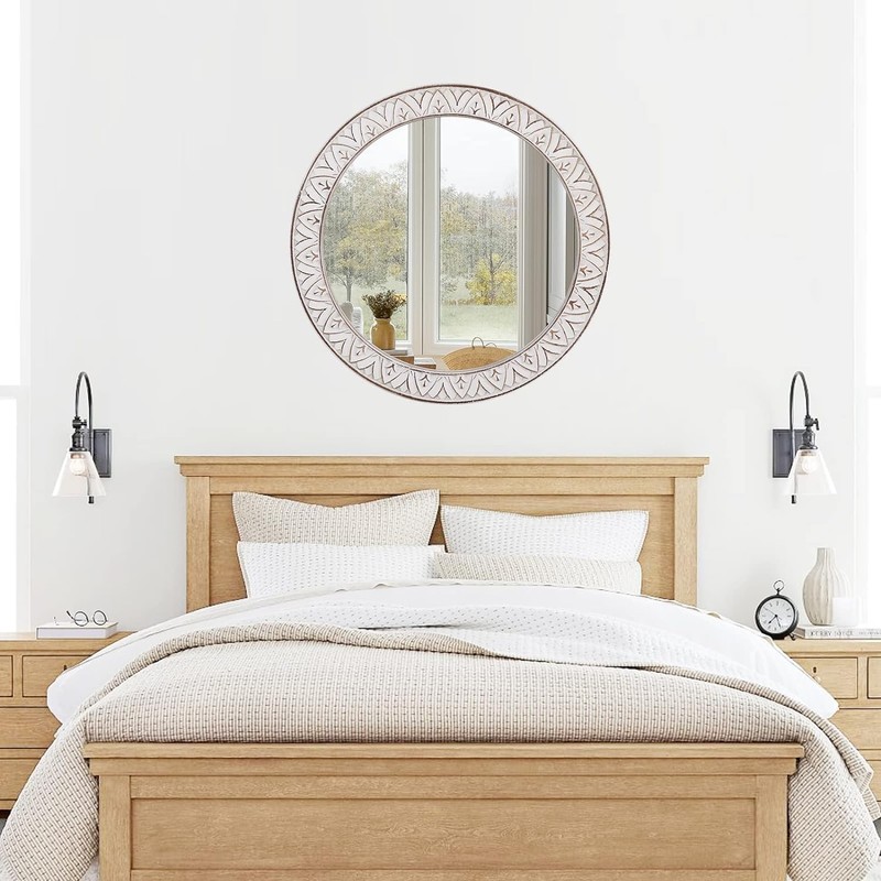 fuxuiwy 20" Round Rustic Mirror Wooden Frame Circle Mirrors, Distressed