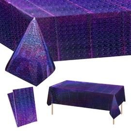 2pcs 137x274cm Purple Tablecloth for Purple Party Decorations,Plastic Holographic Table Cloths Foil Table Cover Metallic Disco Tablecloth for Outdoor Picnic,Birthday,Christmas Party Decorations