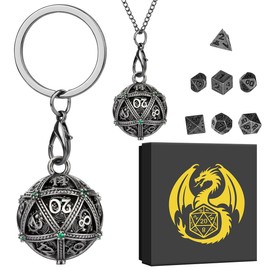 Mini DND Dice Set with Keychain Necklace Pocket Chain Spherical Hollow D20 Metal Case, 7pcs Polyhedral Metal D&D Dice Set, DND Gifts with Gift Box, Role Playing Board Games Accessories, Silver