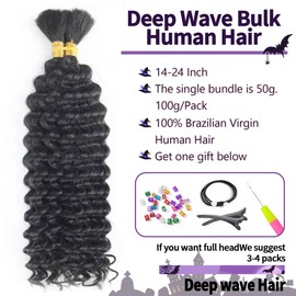 Deep Wave Bulk Human Braiding hair For Boho Braids knotless Micro Curly 2 Bundles No Weft Wet And Wavy 12A Brazilian Remy Human Hair Extensions For Black Women (#1B, 18Inch/100G)