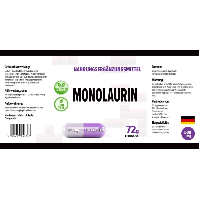Monolaurin 500mg 120 Vegan Capsules, Laboratory Tested, Non-GMO, No Fillers