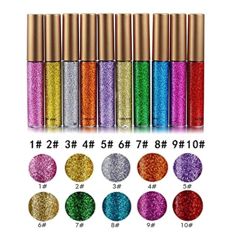 10 Colours Glitter Liquid Eyeliner Set - Shimmer, Smudge-Proof, Waterproof,