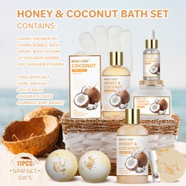 Christmas Gifts, Spa Gift Basket for Women, 11pcs Honey & Coconut Luxury Bath Gift Set, Spa Kit with Shower Gel, Bubble Bath, Bath Bombs , Beauty Gifts for Her, Women, Mom Birthday