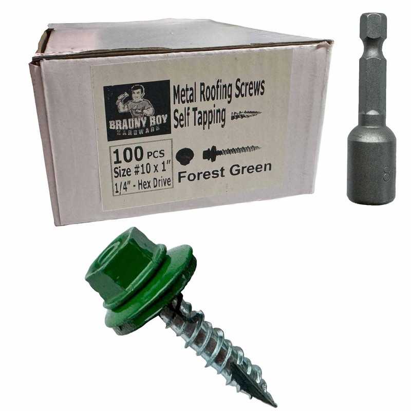 (100) BRAUNY BOY Forest Green - Metal Roofing Screws #10