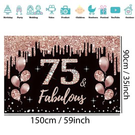 75th Birthday Decorations for Women, 75th Birthday Decoration Black and Rose Gold Glitter Spots Fabric Sign Poster, 75th Birthday Background Banner Woman 75th Birthday Party Decoration