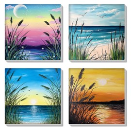 HEIBAGO Framed Paint by Numbers for Audlts Beginners, 4 Pack Reeds Paint by Numbers Canvas, Audlt DIY River Oil Paint by Numbers Kits, Landscape Painting Art Craft for Birthday Gifts, 8×8 inch