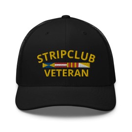 RIVEMUG Strip Club Veteran Premium Trucker Hat Mid Crown Curved Bill Adjustable Cap - Funny Dare Gag Gift Joke Black