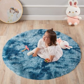 VOFUSHON Rug Round High Pile Living Room Rug Long Pile Rugs for Living Room Fluffy Shaggy Bedroom Bed Rug Outdoor Carpet (Diameter 100 cm Round, Navy Blue)