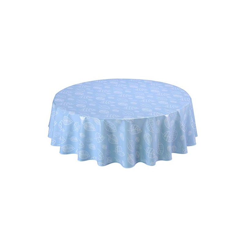 Oilcloth Tablecloth Washable Round 140 cm Leaves Light Blue