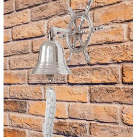 Purpledip Brass Nautical Bell with Captain's Wheel Hook: Pirate Ship Marine Wall Hanging, Silver (11402A)