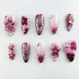 3D Flower Press on Nails Medium Almond Fake Nails Purple Full Cover Glossy Acrylic Nail Summer Floral False Nail Pearl Glue on Nails Reusable Artificial Stick on Nail for Women Manicure 24Pcs